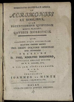 Dissertatio Inavgvralis Medica De Acrimoniis Et Similibvs, Qvae Recentioribvs Qvibvsdam Minvs Placent, Cavssis Morbificis