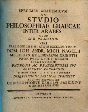 Specimen Academicvm De Stvdio Philosophiae Graecae Inter Arabes