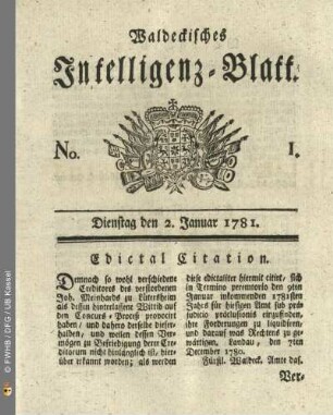 No. 1, Dienstag den 2. Januar 1781