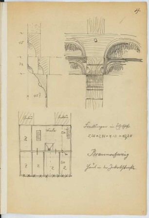 Haus in der Jakobstraße, Braunschweig: Grundriss, Details (aus: Skizzen- und Fotoalbum 22)