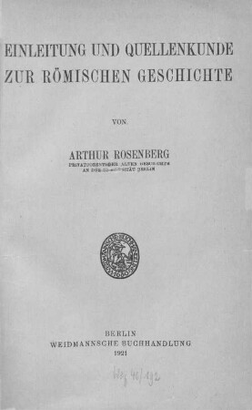 Einleitung und Quellenkunde zur römischen Geschichte