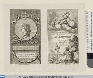 Links: AUGUST FRIEDRICH; Rechts: Königl. Grosbrit. Genealogischer Kalender auf das 1781. Jahr