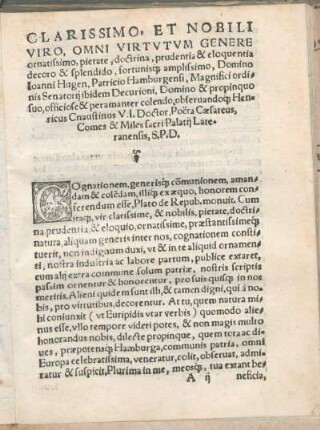 Clarissimo, Et Nobili Viro ... Domini Ioanni Hugen, Patricio Hamburgensi ... Henricus Cnaustinus ... S.P.D.
