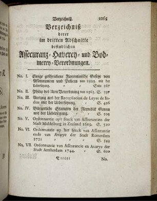 Verzeichniß derere im dritten Abschnitte befindlichen Assecuranz- Haverey- und Bodmerey- Verordnungen.