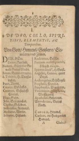 I. De Deo, Coelo. Spiritibvs, Elementis, Ac Temporibus. Von Gott/ Himmel/ Geistern/ Elementen vnd Zeiten.
