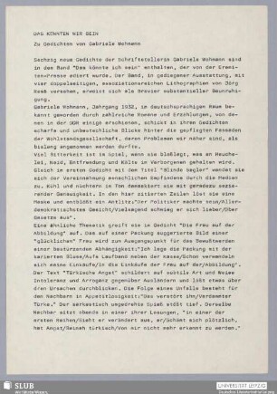 Das könnten wir sein : Zu Gedichten von Gabriele Wohmann