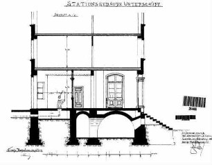 Unterschüpf: Empfangsgebäude Verwaltungsgebäude Teil-Querschnitt a-b (m.FU,Außentreppe)