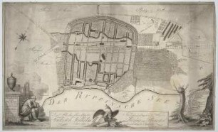 Plan von Neuruppin, 1:2 500, Radierung, 1787 : Plan der Stadt Neu-Ruppin : und der umliegenden Gegend unmittelbar nach dem Brande vom 26. August 1787 ; [gewidmet] Friderich Wilhelm II. König von Preussen / aufgenommen und verzeichnet von B. M. Brasch und gestochen von Carl Jäck. - [Ca. 1:2 500]. - Berlin , 1789. - 1 Plan : Radierung ; 89 x 53 cm NNW oben. - Maßstab in graph. Form (Ruthen Rheinl.). - Titelkartusche unten links. - Widmungskartusche unten Mitte. - Windrose Mitte links. - Ohne Kt.-Netz. - Mit Gebäudekennzeichnung. - Oben links: Plan A.