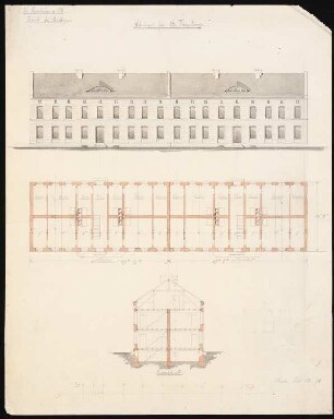 Grube Ilse (Kunheim & Co.), Großräschen/Bückgen Wohnhaus für 16 Familien: Grundriss, Ansicht, Querschnitt