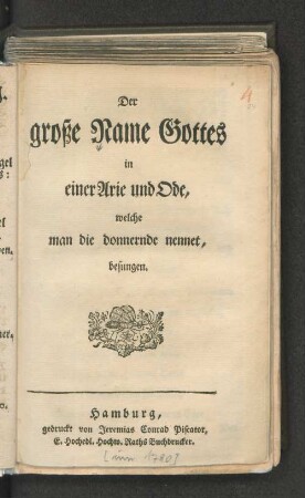 Der große Name Gottes in einer Arie und Ode, welche man die donnernde nennet, besungen