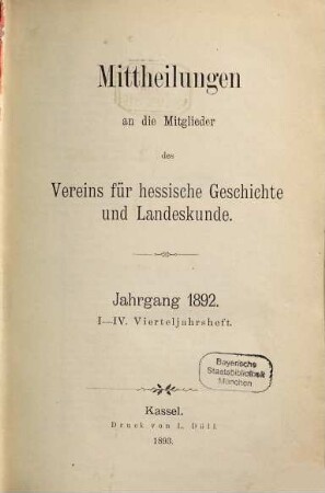 Mitteilungen des Vereins für Hessische Geschichte und Landeskunde Kassel 1834 e.V.. 1892
