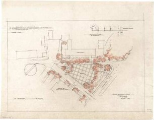 Gsaenger, Gustav; Friedrichshafen (Baden-Württemberg); Zeppelin - Museum - Eingabeplan für Platzgestaltung zwischen Maueracker - Magareten - u. Ridle Park-Str. mit Verkaufskiosk u. Parkplatz der Zeppelinwohlfahrt (Lageplan); Grünanlage, Mauer (Detail)