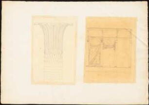 Palais Prinz Karl (Palais am Wilhelmplatz), Berlin (?): Zwei Blätter: links Aufriss Palmettenkapitell, rechts Aufriss Wandgliederung mit vier Pilastern und Draperiedekoration mit Fransen und Arabesken-Borte, Karyatiden