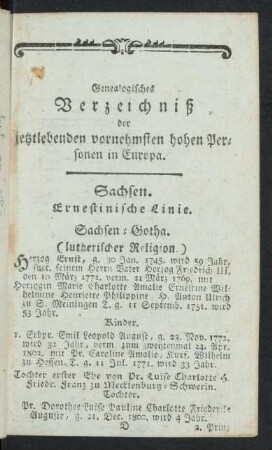 Genealogisches Verzeichnis der jetztlebenden vornehmsten hohen Personen in Europa.