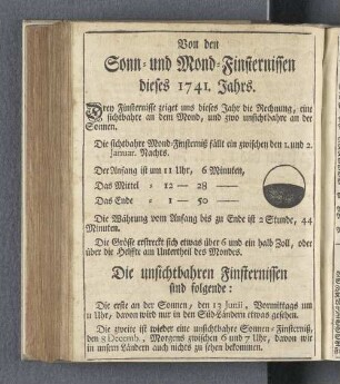 Von den Sonn- und Mond-Finsternissen dieses 1741. Jahrs.