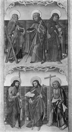 Linker Flügel, oben von links: Andreas, Jacobus der Ältere, Johannes Evangelista, unten von links: Thomas, Matthäus, Heiliger (Apostel?)
