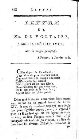 Lettre de Mr. de Voltaire