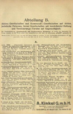 Abteilung B. Aktien-Gesellschaften und Kommandit-Gesellschaften auf Aktien, juristische Personen, ferner Gesellschaften mit beschränkter Haftung und Versicherungs-Vereine auf Gegenseitigkeit