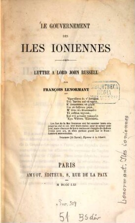 Le gouvernement des Iles Ioniennes : Lettre à Lord John Russell par François Lenormant