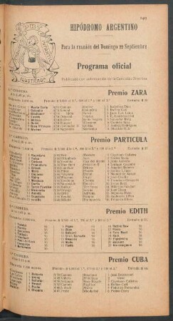 Hipódromo Argentino - Para la reunión del Domingo 22 Septiembre [de 1907] - Programa oficial