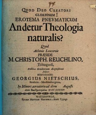 Erotema Pneumaticvm An detur Theologia naturalis?