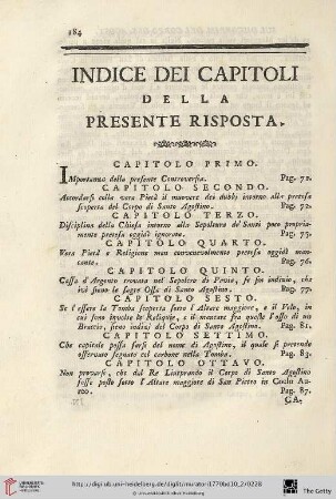 Indice dei capitoli della presente risposta