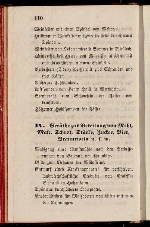 IV. Geräthe zur Bereitung von Mehl, Malz, Schrot, Stärke, Zucker, Bier, Branntwein u.s. w.