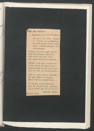 Hoja que rueda [recorte adjunto del periódico La Tarde, Ag. 7 / 1923] : Especial para La Tarde
