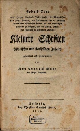 Eobald Toze's Kleinere Schriften historischen und statistischen Inhalts