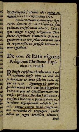 De [...] & statu vigoris Religionis Christiano-Papisticæ in Prussia.