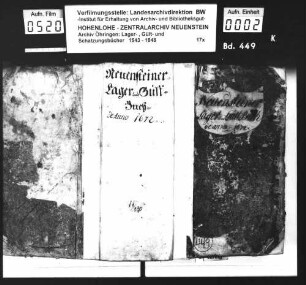 Lager- und Gültbuch über das Amt Neuenstein, renoviert durch Johann Christoph Anns, Amtskeller zu Künzelsau: Stadt Neuenstein mit Bernhardtsmühle, Eichhof und Klumpenhof.