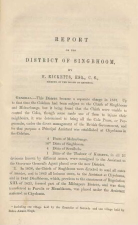 Report on the District of Singbhoom