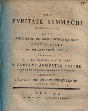 Pro Pvritate Symmachi Dispvtatio