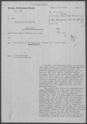 Riederich: Visitationsbericht mit Pfarrbericht 1954