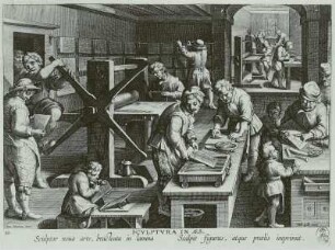 Die Kupferstecherwerkstatt : Die Kupferstecherwerkstatt, Stich, vor 1612