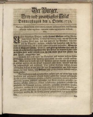 Drey und zwanzigstes Stück Donnerstages den 2. Octobr. 1732.
