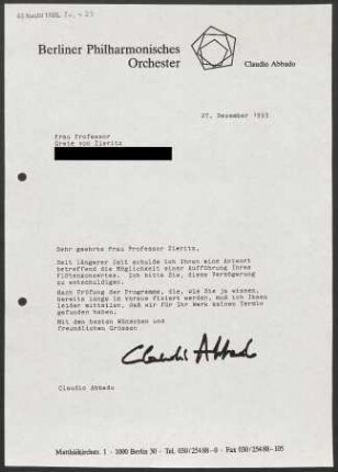 Brief an Grete von Zieritz, 27.12.1993