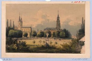 Dresden, der Bautzner Platz (Albertplatz) nach Südwesten, Blick von der Gründfläche in die Hauptstraße mit der Kirche St. Franziskus Xaverius (links) und der Dreikönigskirche (rechts)