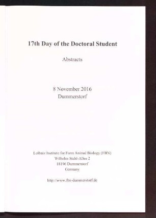 17th Day of the Doctoral Student : abstracts : 8 November 2016, Dummerstorf