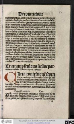 Tractatus secundus secunde partis de contritione. Et habet septem capitula.