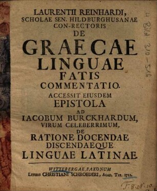 Laurentii Reinhardi ... De Graecae Linguae Fatis Commentatio