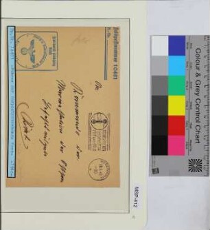 Dienstbrief, Schiffsname/Landeinheit: Führer der Vorpostenboote West, Feldpostnr. 10481; Frankatur, Mi.-Nr.: [Keine]; Poststempel: Masch.-Stpl: Wesermünde a 16.1.40-20 u. Werbetext; Nebenstempel: Frei durch Ablösung Reich Dienststelle Feldpost-Nr. 10481