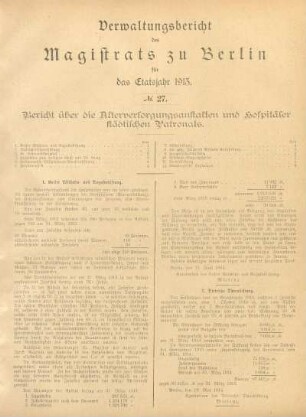 No. 27. Bericht über die Alterversorgungsanstalten und Hospitäler städtischen Patronats