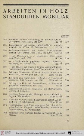 Arbeiten in Holz, Standuhren, Mobiliar (Nr. 583-660)