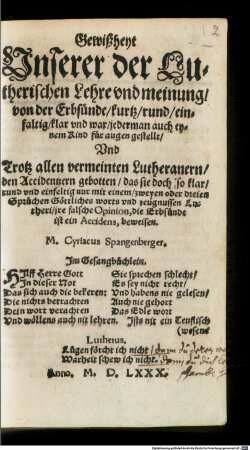 Gewißheit unserer, der Lutherischen, Lehr und meinung von der Erbsünde