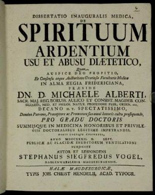 Dissertatio Inauguralis Medica, De Spirituum Ardentium Usu Et Abusu Diaetetico