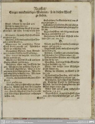 Register, einiger merckwürdigen Materien, so in diesem Werck zu finden