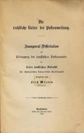 Die rechtliche Natur der Postanweisung
