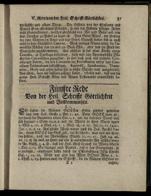 Fünffte Rede. Von der Heil. Schrifft Göttlichkeit und Vollkommenheit.
