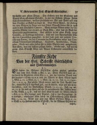 Fünffte Rede. Von der Heil. Schrifft Göttlichkeit und Vollkommenheit.